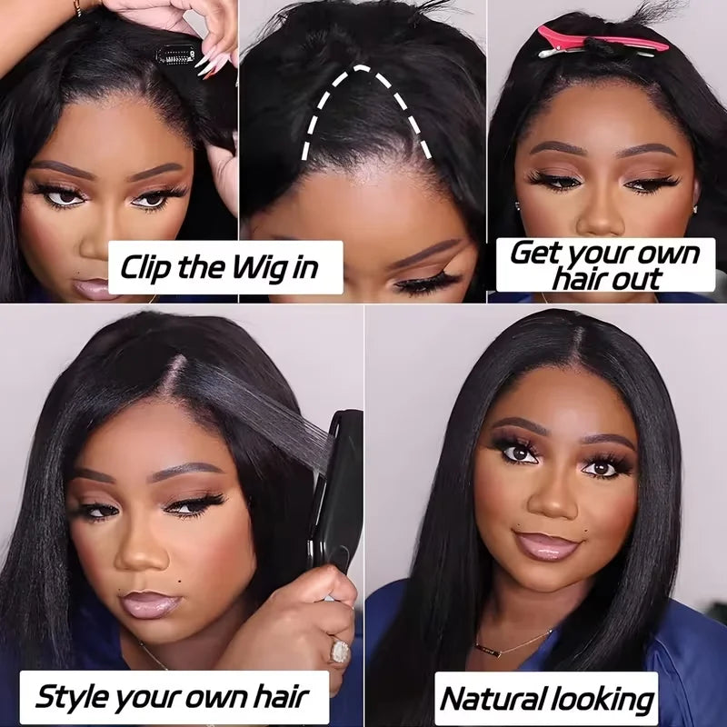 FRIZIRA kinky Straight V Part Brazilian Virgin Human Hair Wigs Glueless Upgrade U Part Wig Glueless V Shape Wig Natural Black