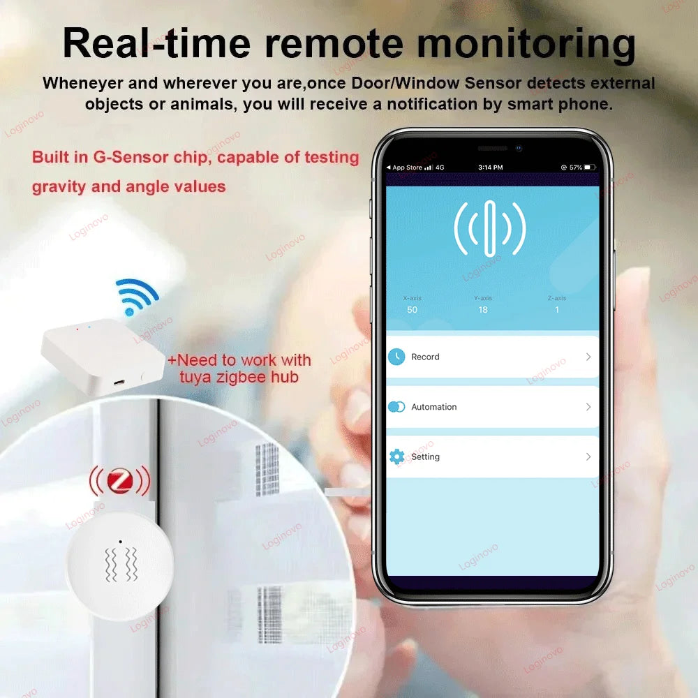 Zigbee Smart Life Vibration Sensor Detection Tilt XYZ Axis Sensor Tuya App Notification Real-Time Motion Shock Alarm Record