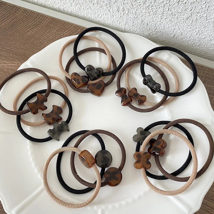 New 3pcs Fashion Korean Leopard Acrylic Elastic Hair Band Simple Heart Bow Hair Tie Basic Rubber Band Stretch Hair Rope Ornament