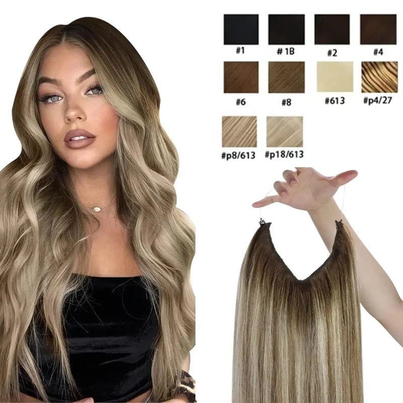 Human Hair Extensions Invisible Wire Hair Extensions Black Remy fish line hair Hairpiece with Fish Line