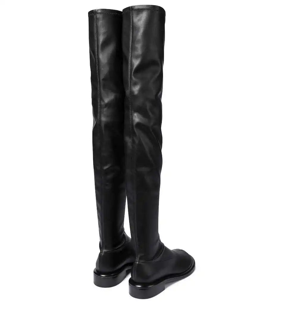 Krazing Pot Large Size 43 44 45 Microfiber Round Toe Chunky Med Heel Stretch Boots Winter Shoe Brand Fashion Over-the-knee Boots