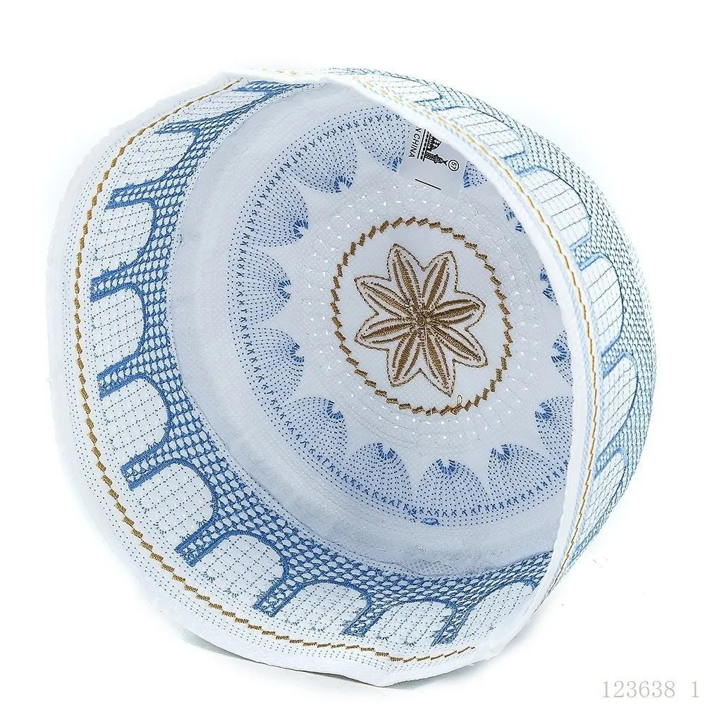 New Traditional Muslim Hat Embroidery Design Round Shape Prayer Hat Saudi Arabian Style Cotton Islamic Cap Prayer Use
