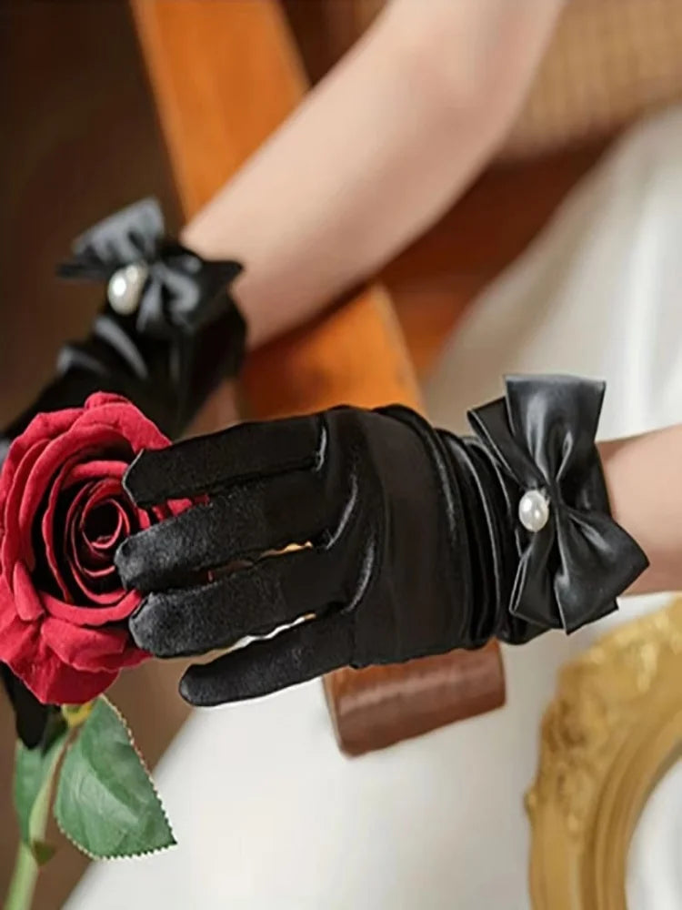 French Vintage Black Pearl Elegant Short Gloves Bridal Wedding Ball Halloween Split Finger Gloves