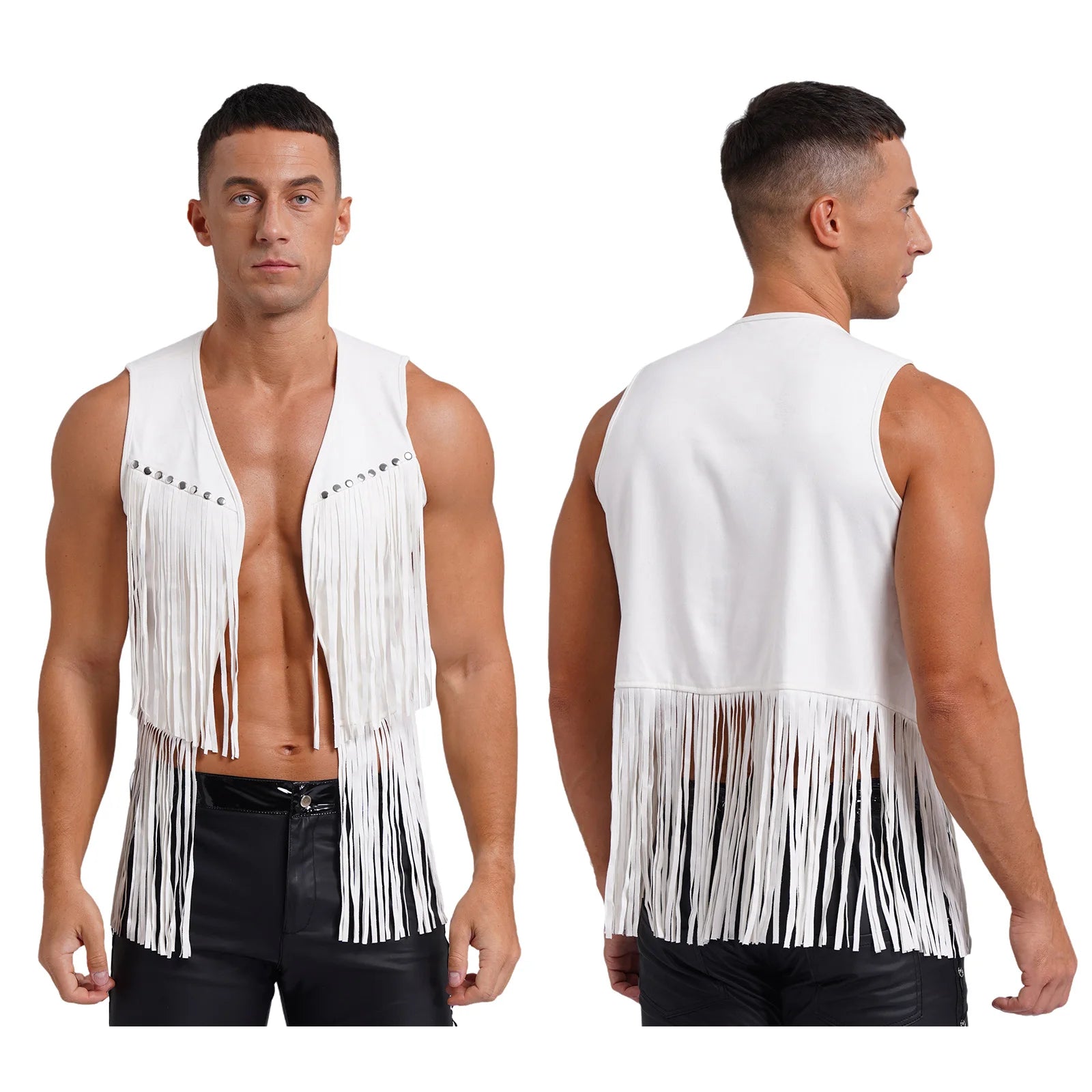 Mens Faux Suede Tassel Vest Coat Punk Western Cowboy Costume Fashion Rivets Fringe Waistcoat Open Front Sleeveless Jacket Tops