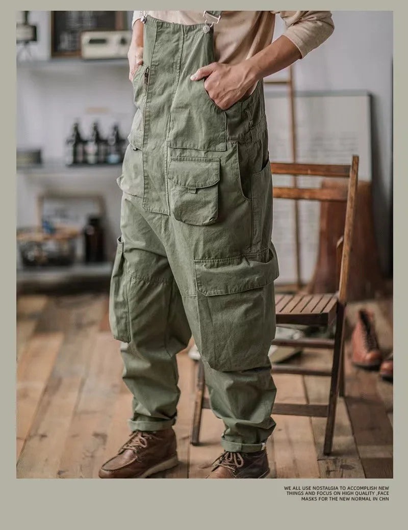 Retro American Cotton Overalls Loose Jumpsuit Men's Cargo Pants Men Suspenders Bibs Four Seasons Full Length Baggy Pants