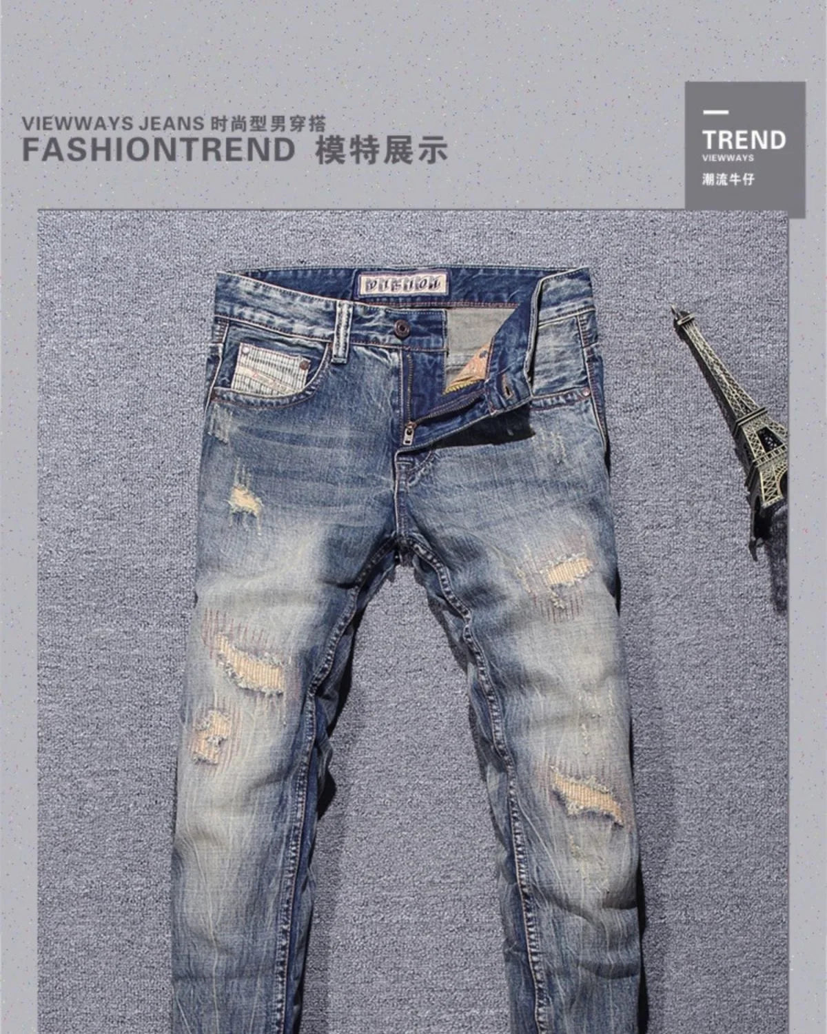 2023 Spring and Autumn New Classic Fashion Solid Color Ripped Small Foot Pants Men's Casual Comfort Elastic High Quality Jeans