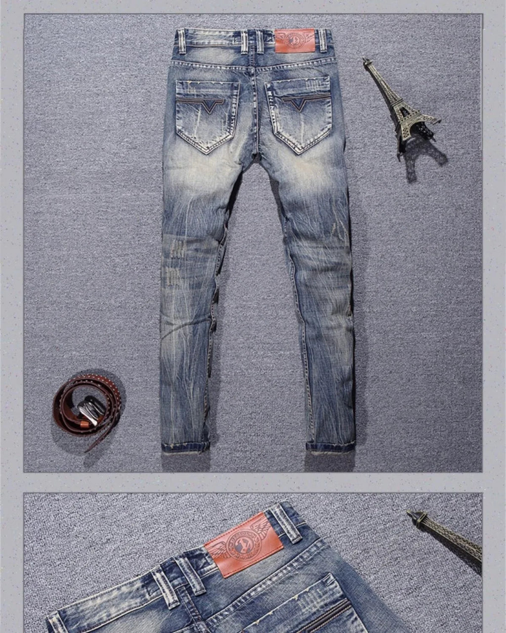 2023 Spring and Autumn New Classic Fashion Solid Color Ripped Small Foot Pants Men's Casual Comfort Elastic High Quality Jeans
