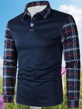 Men's casual color blocked shirt long sleeved polo shirt lapel pullove  checkered T-shirt simple retro men's clothing