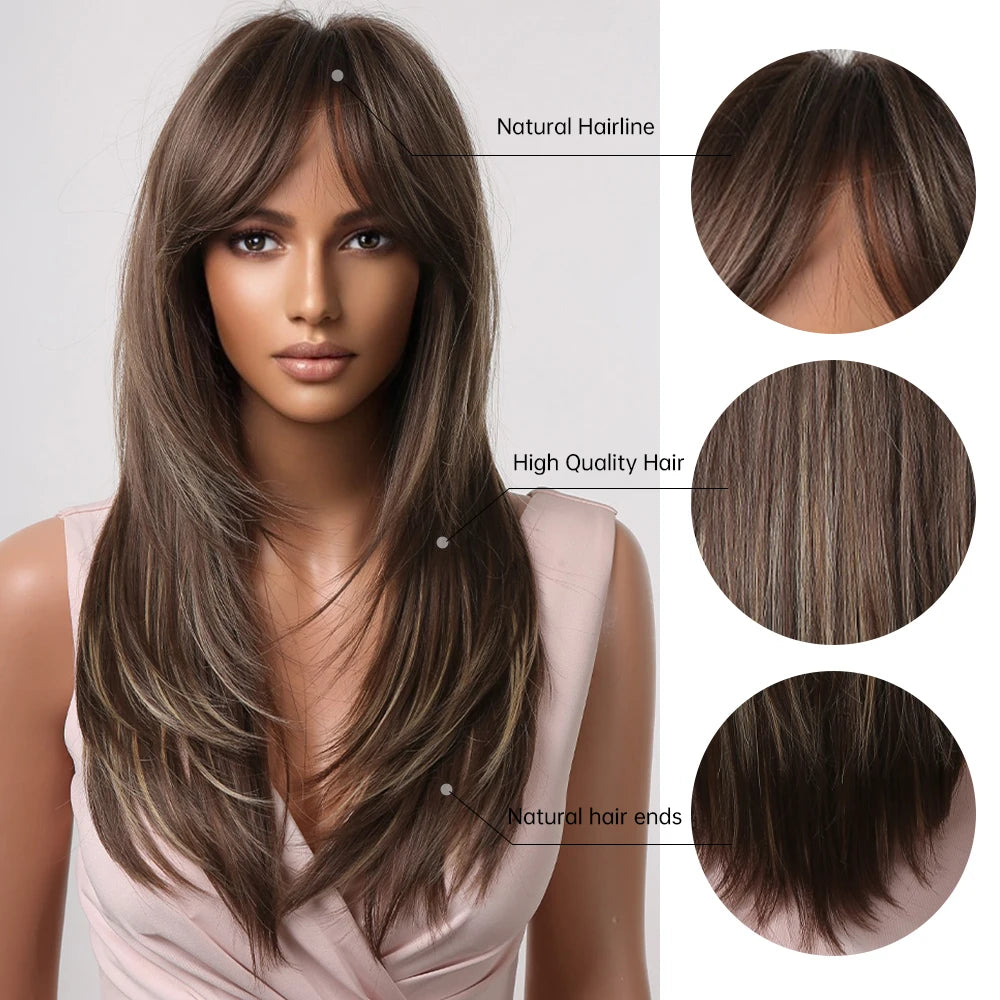 ALAN EATON Long Straight Layered Synthetic Wigs with Bangs Blonde Highlights on Brown Wigs for Black Women Afro Daily Party Hair