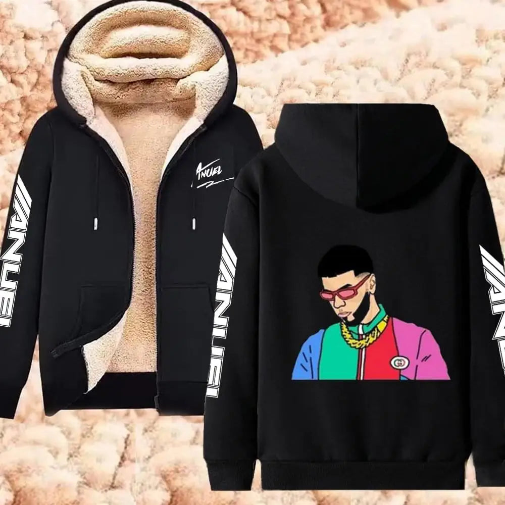 Anuel AA Printed Hoodies Real Hasta La Muerte Casual Zipper Jackets Thicken Lambswool Men Women Clothing Oversized Y2K Clothes