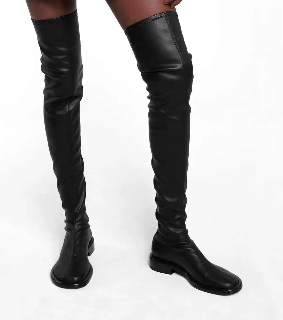 Krazing Pot Large Size 43 44 45 Microfiber Round Toe Chunky Med Heel Stretch Boots Winter Shoe Brand Fashion Over-the-knee Boots