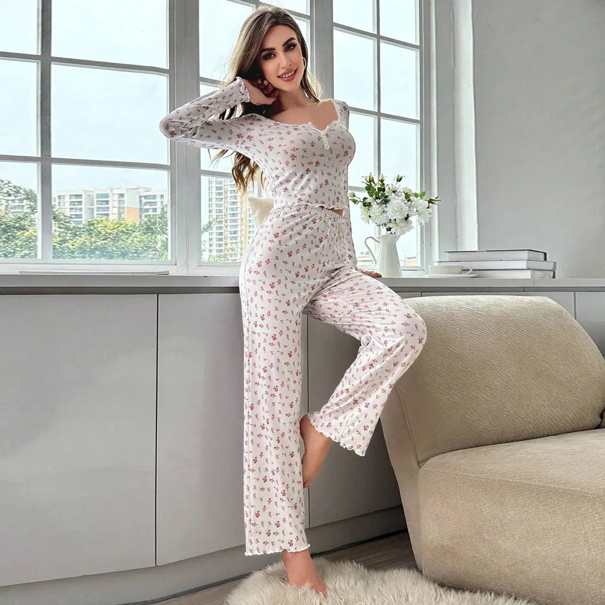 Spring Summer Women's Sleepwear Floral Print Lettuce Trim Pajamas Set Tops and Long Trousers Loungewear Nightwear