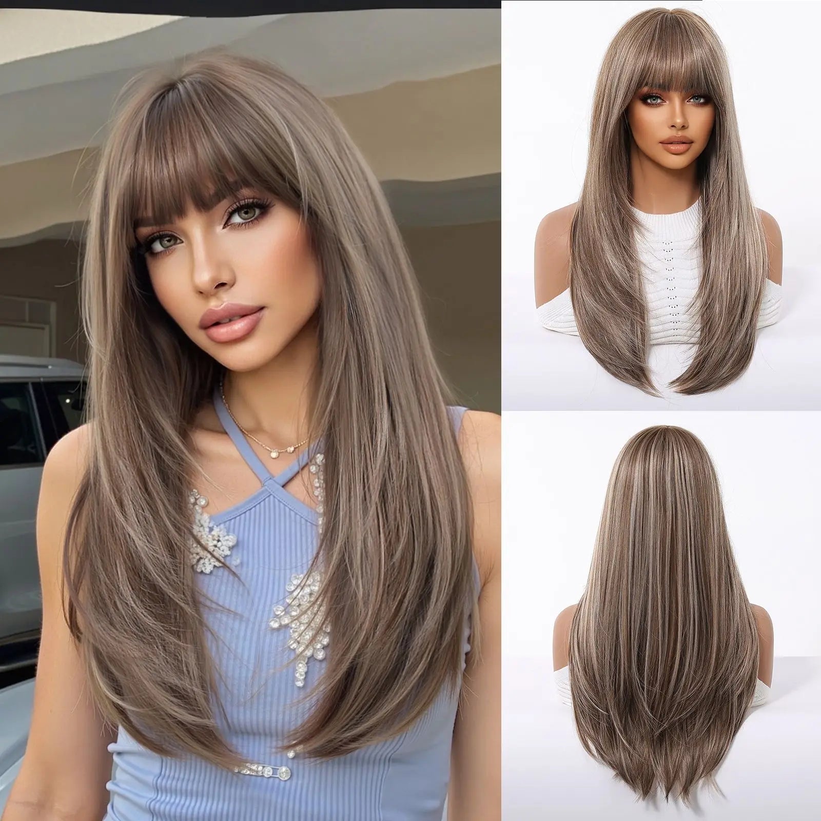 EASIHAIR Purple Synthetic Wigs for Women Long Straight Layered Hair Wigs With Side Bangs Ombre Purple Black Wigs Heat Resistant