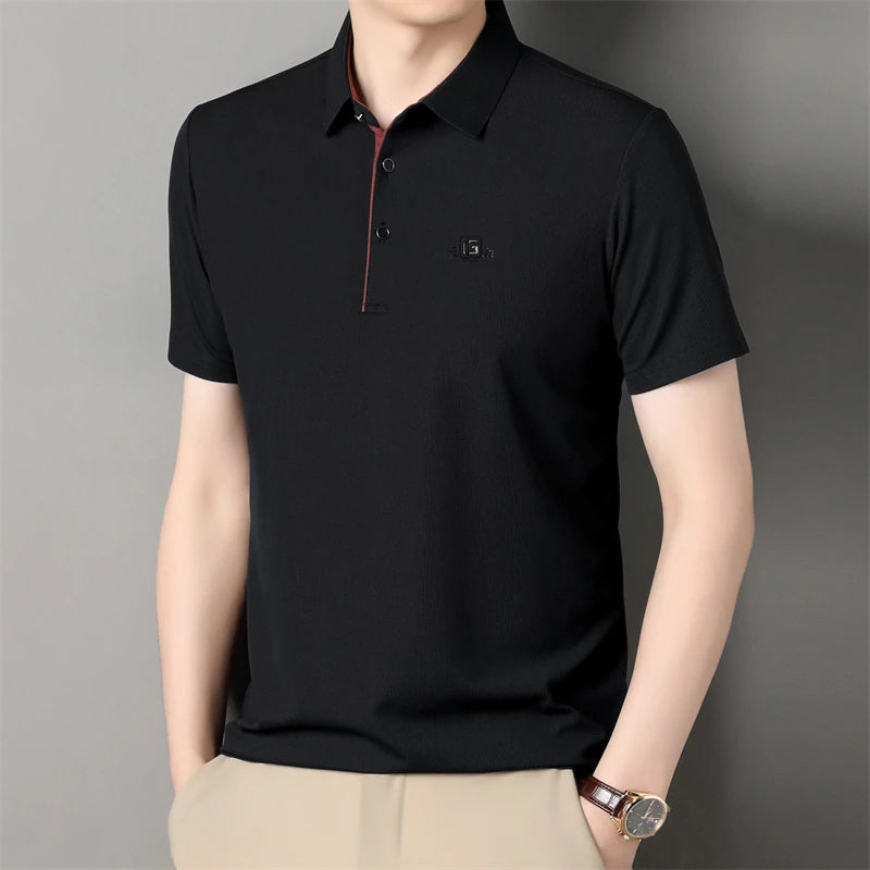 New Men's Business Casual Short Sleeved Shirt with Badge Solid Color Polo Shirt Fashionable Breathable Comfortable Versatile Top