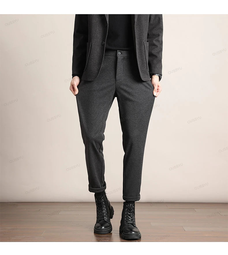Brand Clothing Autumn Winter Luxury Suit Pants Men Thick Business Elastic Waist Woolen Ankle Pant Korean Formal Long Trousers