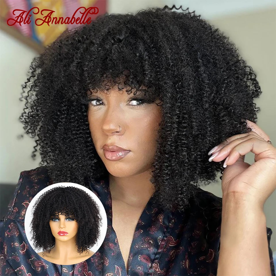 ALI ANNABELLE HAIR Curly Wigs With Bangs For Black Women Machine Made Wigs Kinky Curly 180% Brazilian Natural Color No Lace Wigs