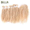 FASHION IDOL 16 18 20inch 240g/7pcs Afro Kinky Curly Hair Synthetic With Closure Ombre Color Kinky Curly Bundles Hair Extensions