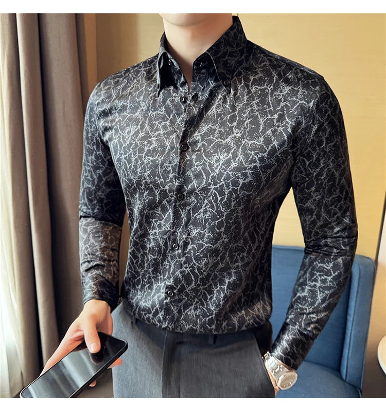 Men Dress Shirt 2024 Solid Casual Long Sleeve Slim Fit Print Shirt Fashion Formal Social Banquet Tuxedo Wedding Men Clothing