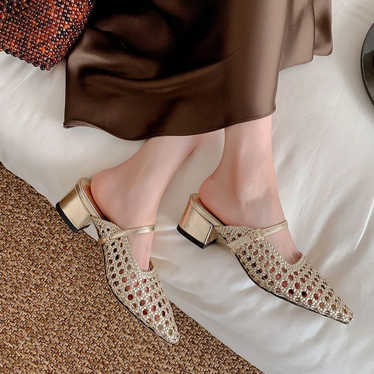 NEW Summer Women Mules Fabric Shoes for Women Pointed Toe Chunky Heel Shoes Cover Toe Slingback Shoes Soft Hollow Modern Sandals