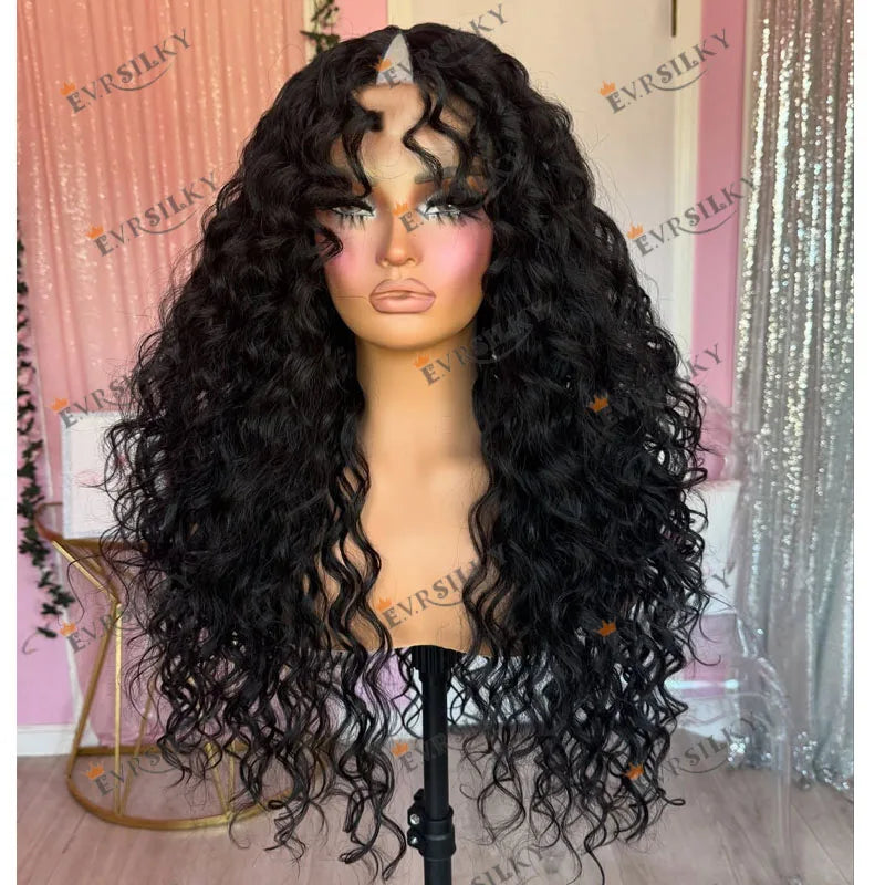 250Density Deep Loose Wave Jet Black Afro Black Women Human Hair V Part Wigs with Clips Natural Look 1x4 Size U Part Wigs