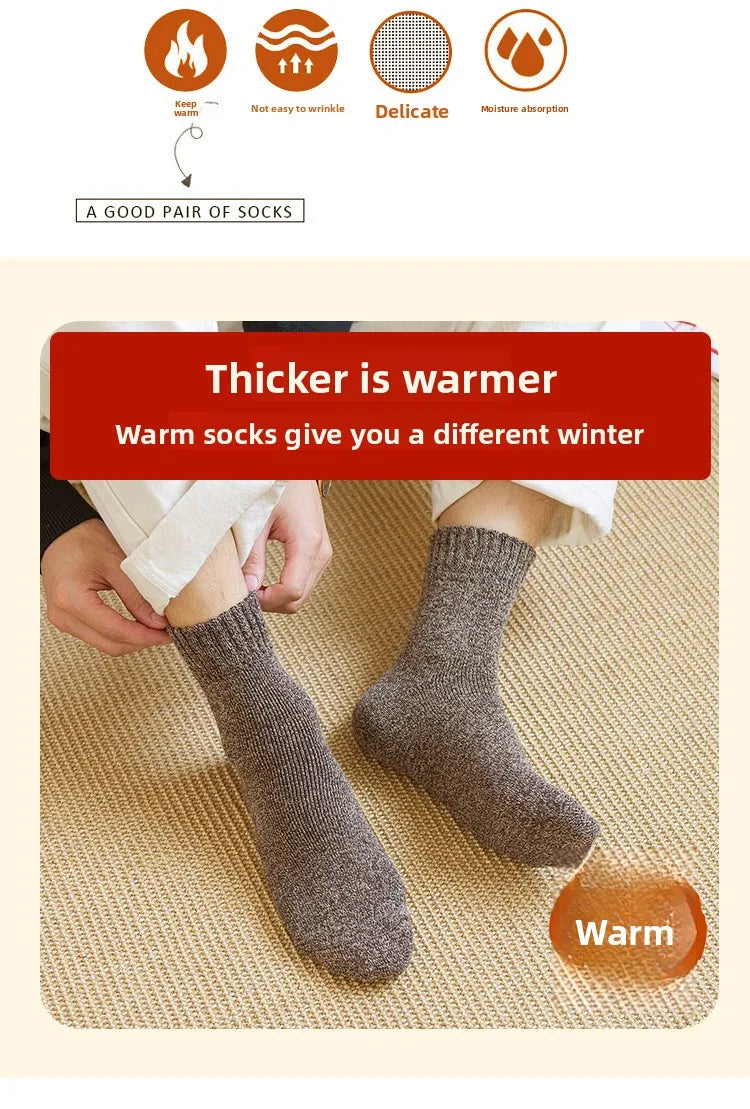 5 Pairs Winter Socks Men's Wool Warm Socks Thick Towel Mid-Calf Anti-Cold Snow Boots Socks Retro Solid Color Merino Terry Socks