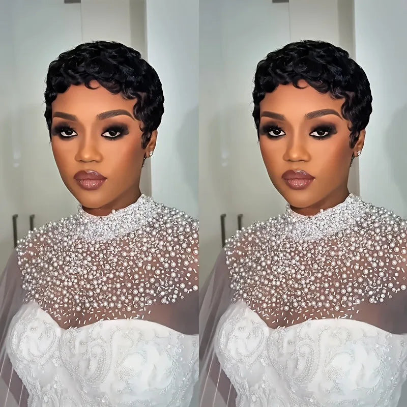 Women's Human Hair Pixie Cut Wig full machine made - Short Layered Curly with Bangs, Natural Black 150% Density Rose Net Cap