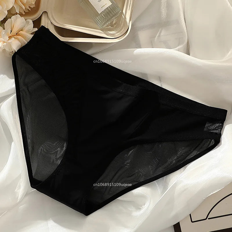 Women Sexy Mesh Ice Silk Solid Thin Breathable Underwear Middle Waist Elasticity Plus Big Panties Elasticity Plus Big Panties