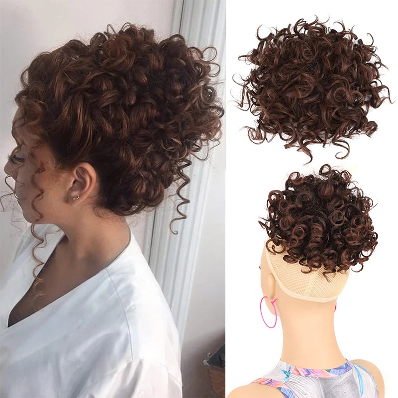 Brown Curly Hair Bun Curly Wave Drawstring Ponytail Buns Extensions for Women Heat Resistant Synthetic Updo Chignon False Hair