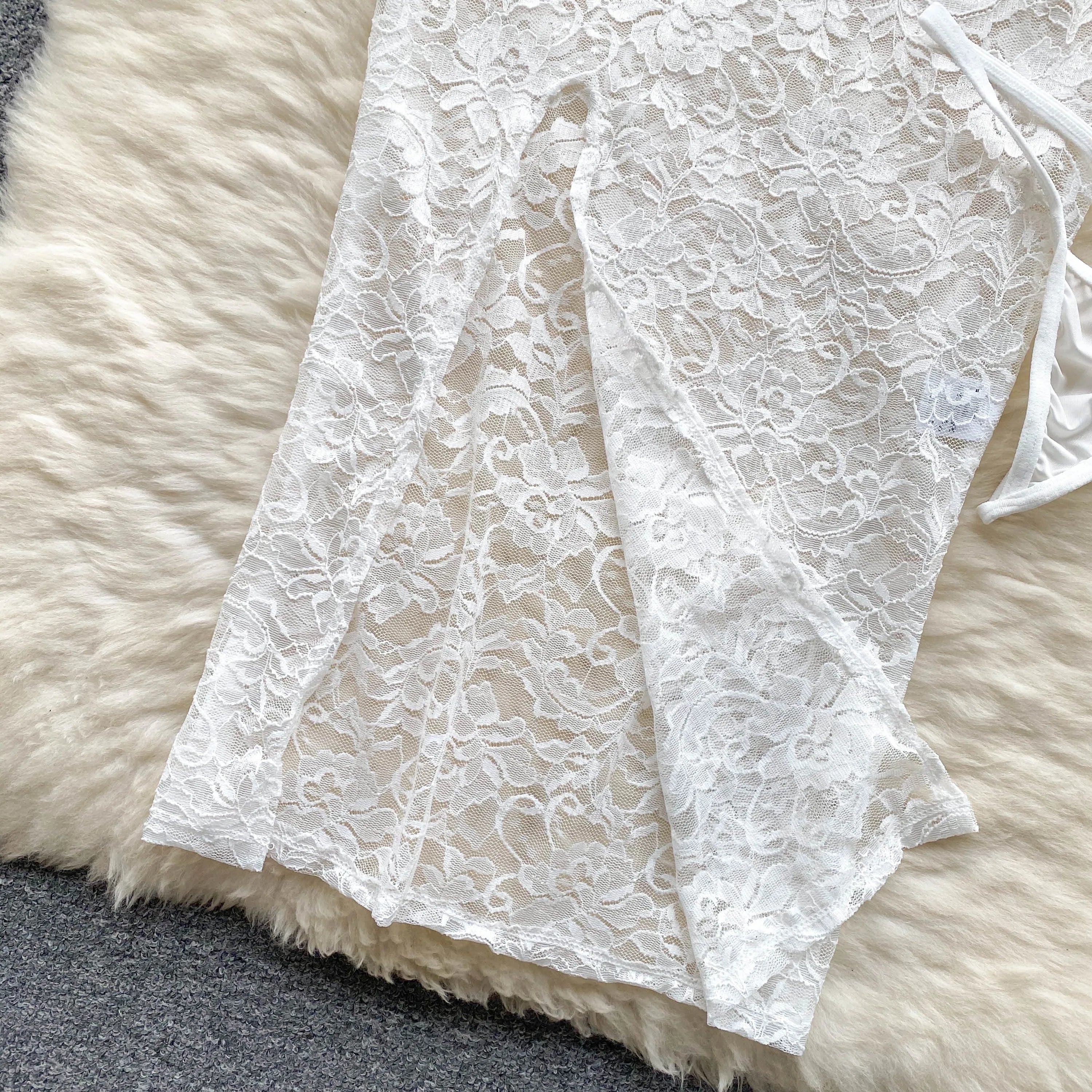 SINGREINY Summer France Sensual Night Dress Erotic Hollow Out Camis Lingerie Nightwear Women Split Slim Sheer Lace Pajamas Dress