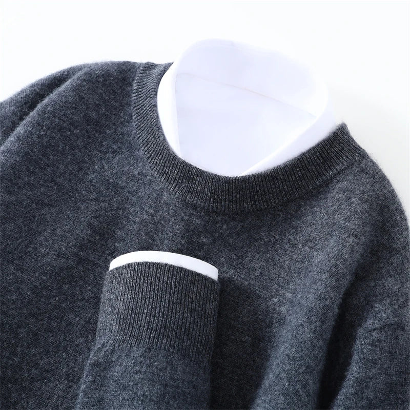 Autumn/Winter Men's 100% Pure Cashmere Pullover Business Casual Solid Knitted Sweater Loose Round Neck Tops Thick Warm Jumper