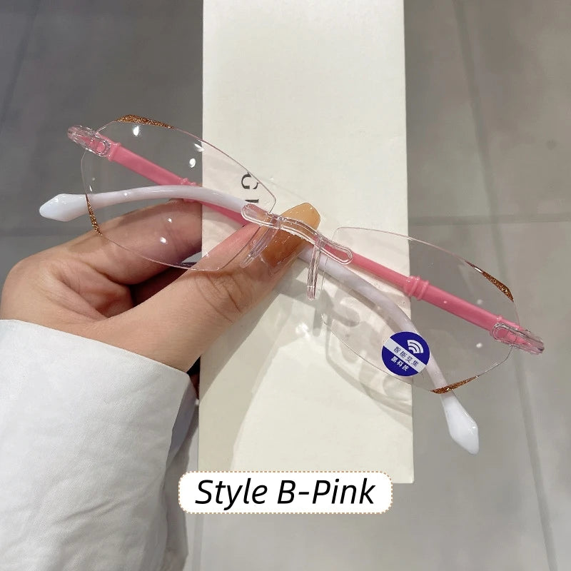 High Definition Lens Reading Glasses Women's Trendy Rimless Anti Blue Light Farsighted Eyewear Prescription Diopter Eyeglasses
