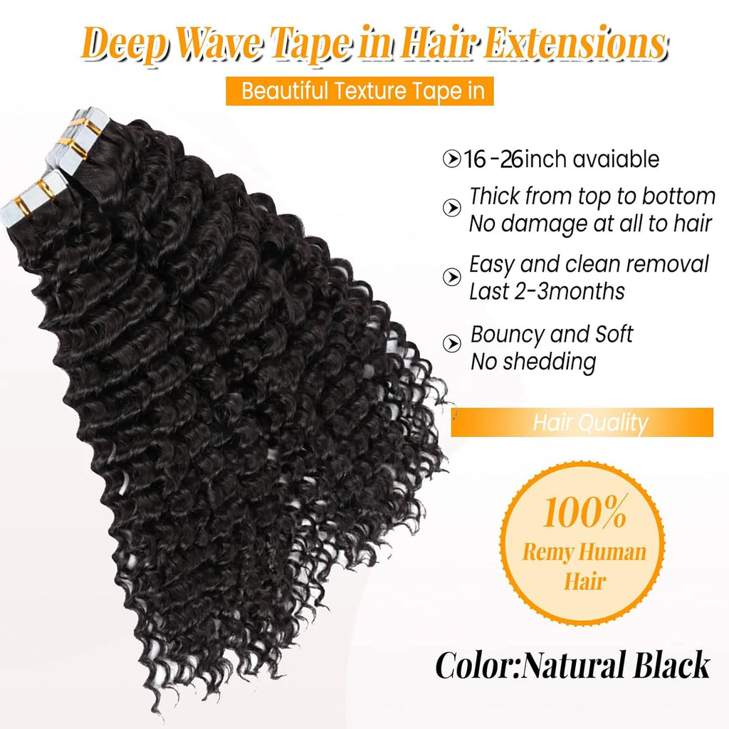 Curly Tape in Hair Extensions Deep Wave Tape in Hair Extensions 100% Human Hair Full Head Skin Adhesive Natural Black 24 26 Inch
