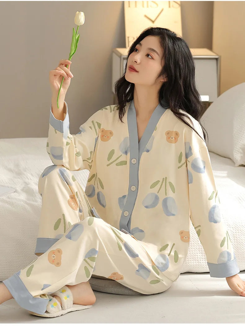 Y2k Women's 100% POLYESTER Pajamas with Cartoon Print Korean Fresh Ins Style Harajuku Lounges 2pcs 2024 New Spring/fall Homewear