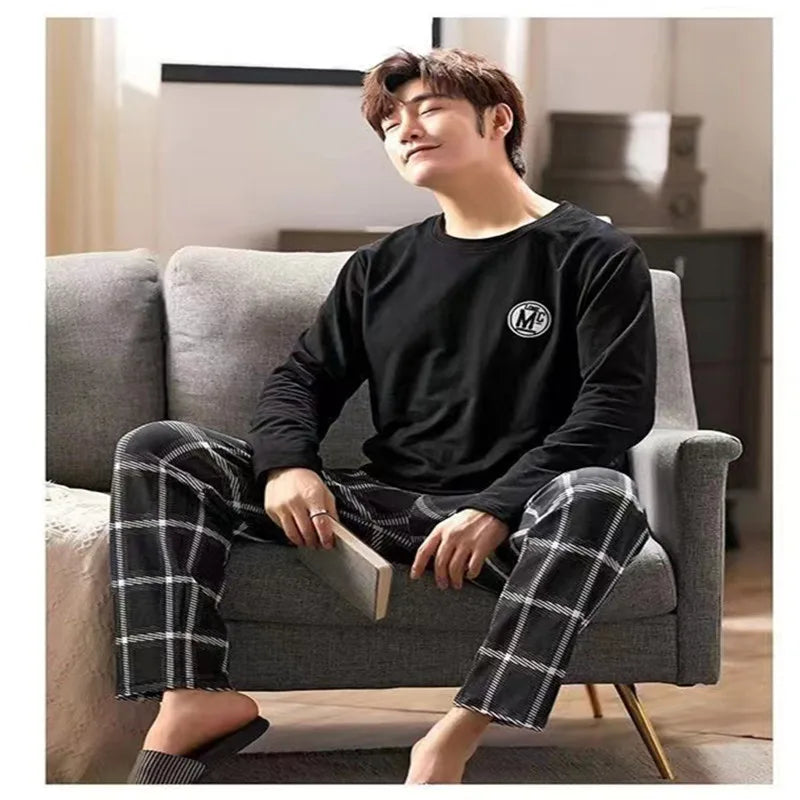 Summer Men's Pyjamas 2024 New Long-Sleeved Large Size Youth Home Wear Suit Black Plaid Trousers Two-Piece Set Can Be Worn Outsid