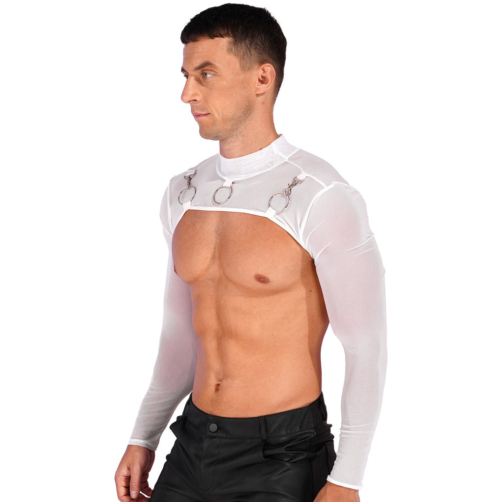 MSemis Male Mens Transparent Moto Sexy Tops Long Sleeve O-Ring Decor T-Shirt See-Through Mesh Half Crop Top Party Clubwear