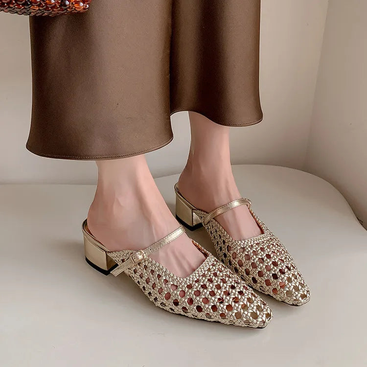 NEW Summer Women Mules Fabric Shoes for Women Pointed Toe Chunky Heel Shoes Cover Toe Slingback Shoes Soft Hollow Modern Sandals