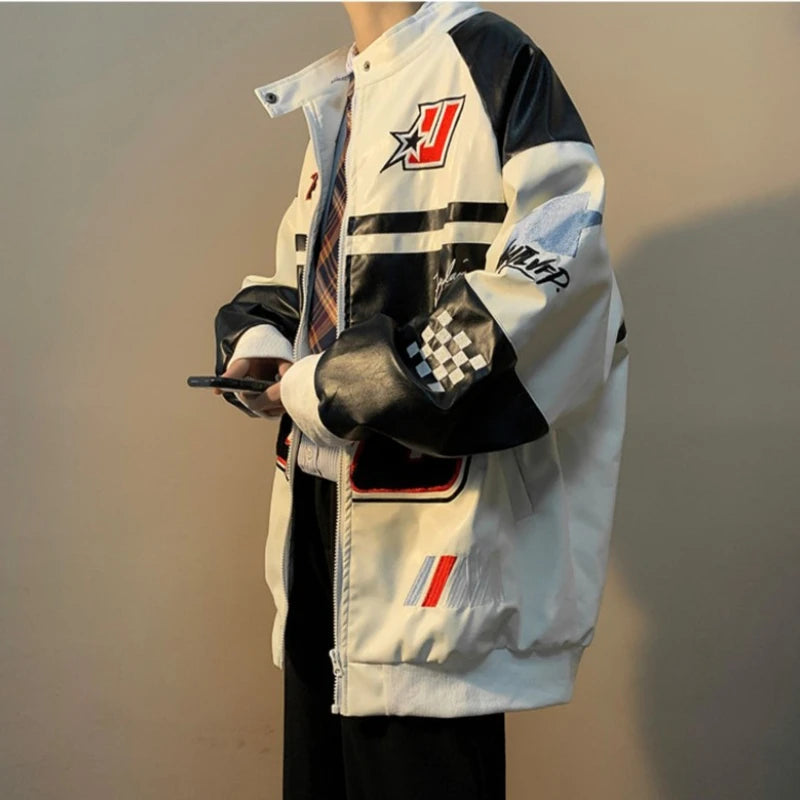 Gmiixder American Hip-hop Racing Coat Motorcycle Leather Jacket Men's Flocked Embroidery Loose Casual Windproof Punk Vibe Jacket
