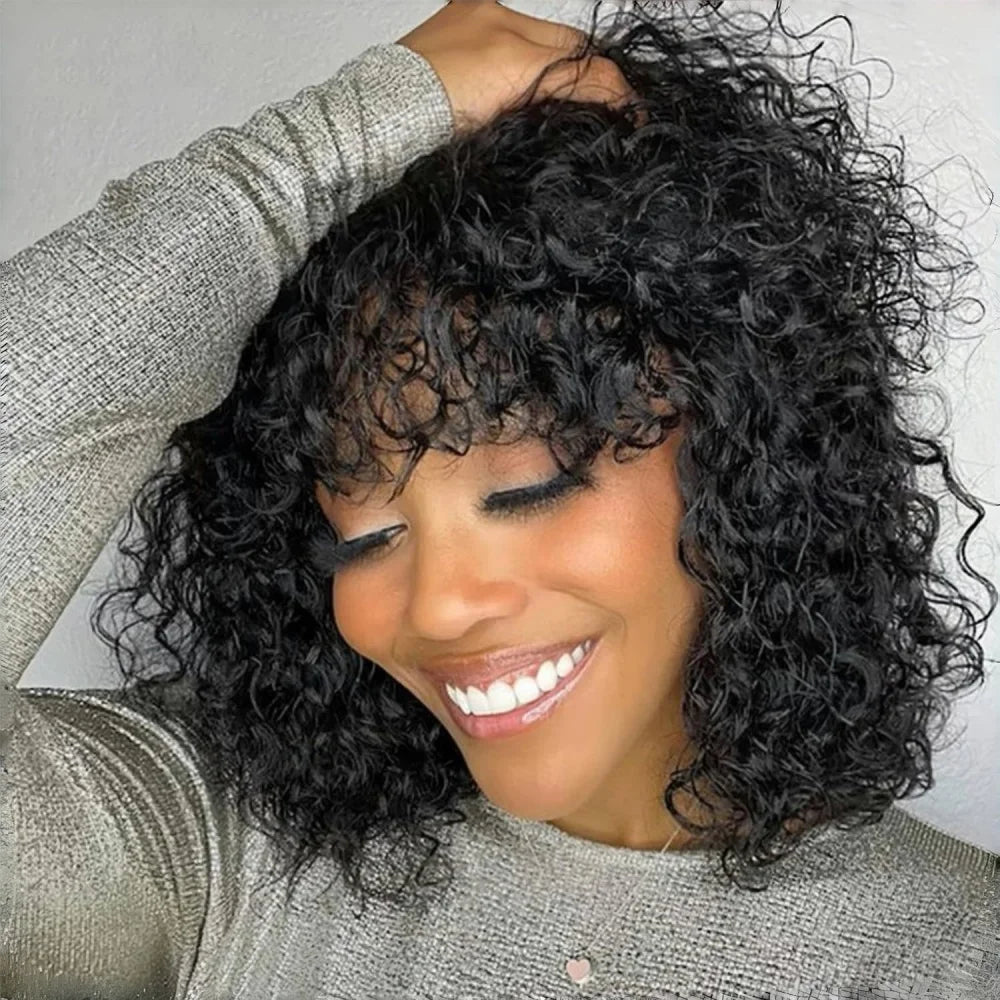 Curly Bob Wig With Bangs Short Bob Curly Wig for Women Natural Color Brazilian Human Hair Deep Wave Bob Wig With Bangs 16 Inch