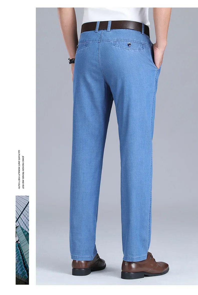 2024 New Men's Thin Lyocell Fabric Loose Jeans Light Blue Business Fashion Stretch Denim Trousers Male Clothing Brand Pants