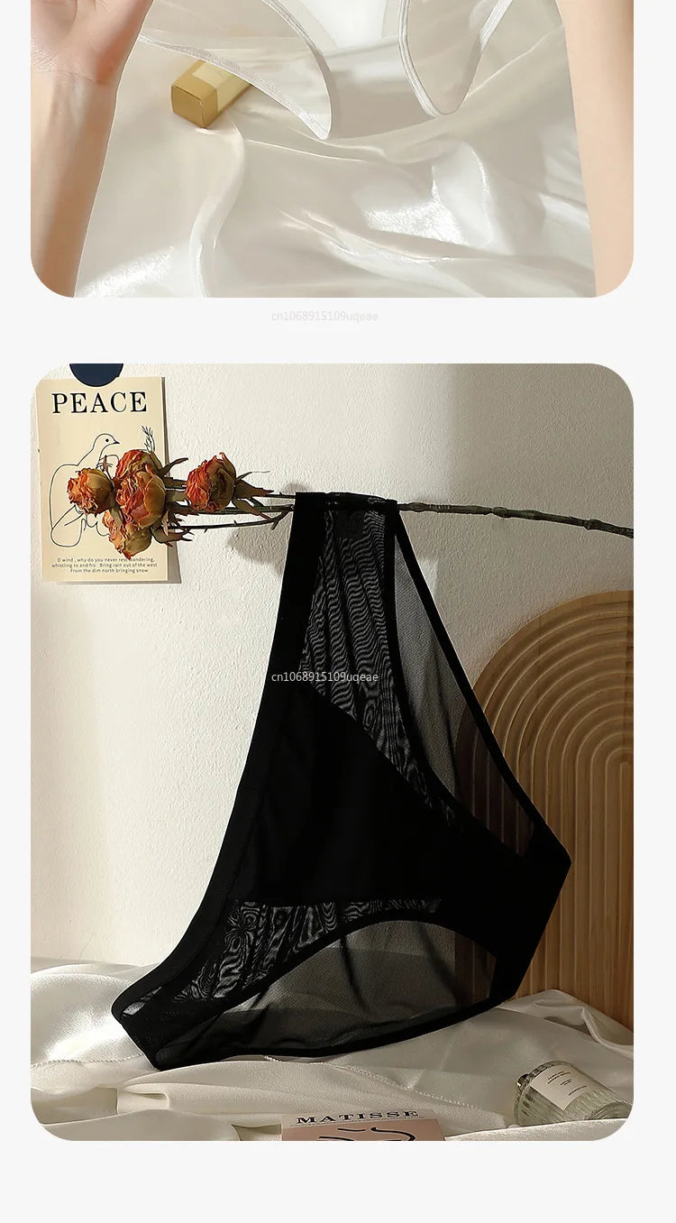 Women Sexy Mesh Ice Silk Solid Thin Breathable Underwear Middle Waist Elasticity Plus Big Panties Elasticity Plus Big Panties