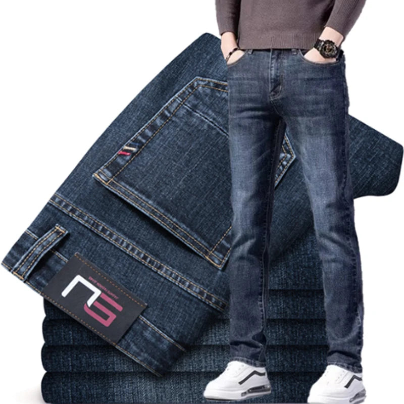 Men Autumn Loose Straight Elasticity Jeans Male Korean Style Versatile Slim Fit Denim Pants Vintage Smart Casual Black Trousers