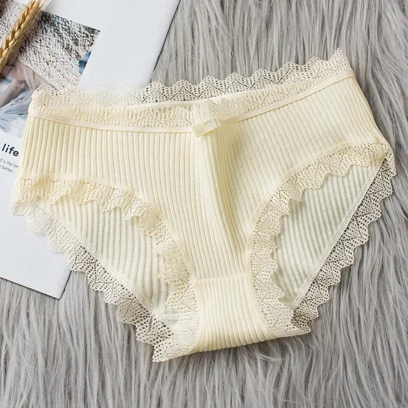 Cotton Sexy Lace Mid Waist Underwear Threaded Brief Solid Color Skin Friendly Ladies Underpant Breathable Fashion Casual Panties