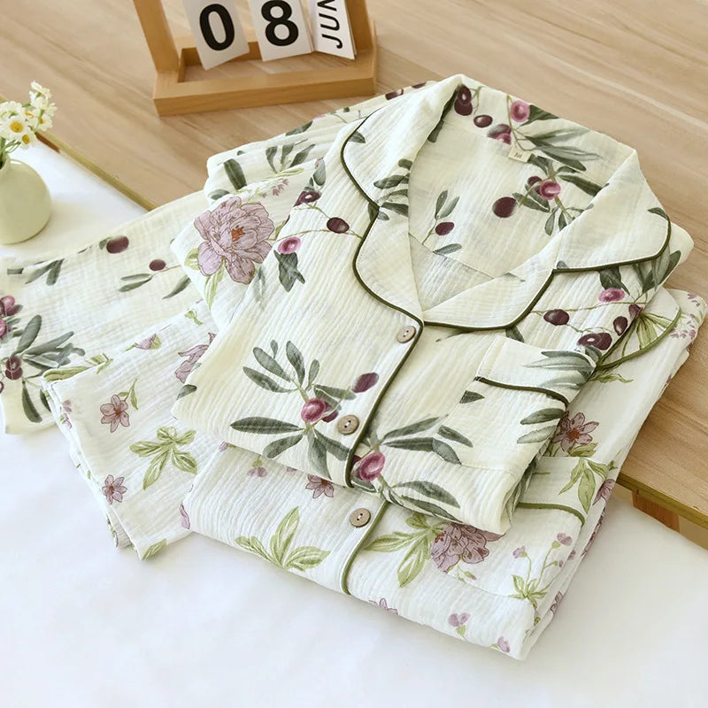 2024 Autumn Cotton Crepe Women's Pajamas Casual Soft Loose Sleepwear Long Sleeve Pants Pajama Sets Night Clothes 2-piece Set