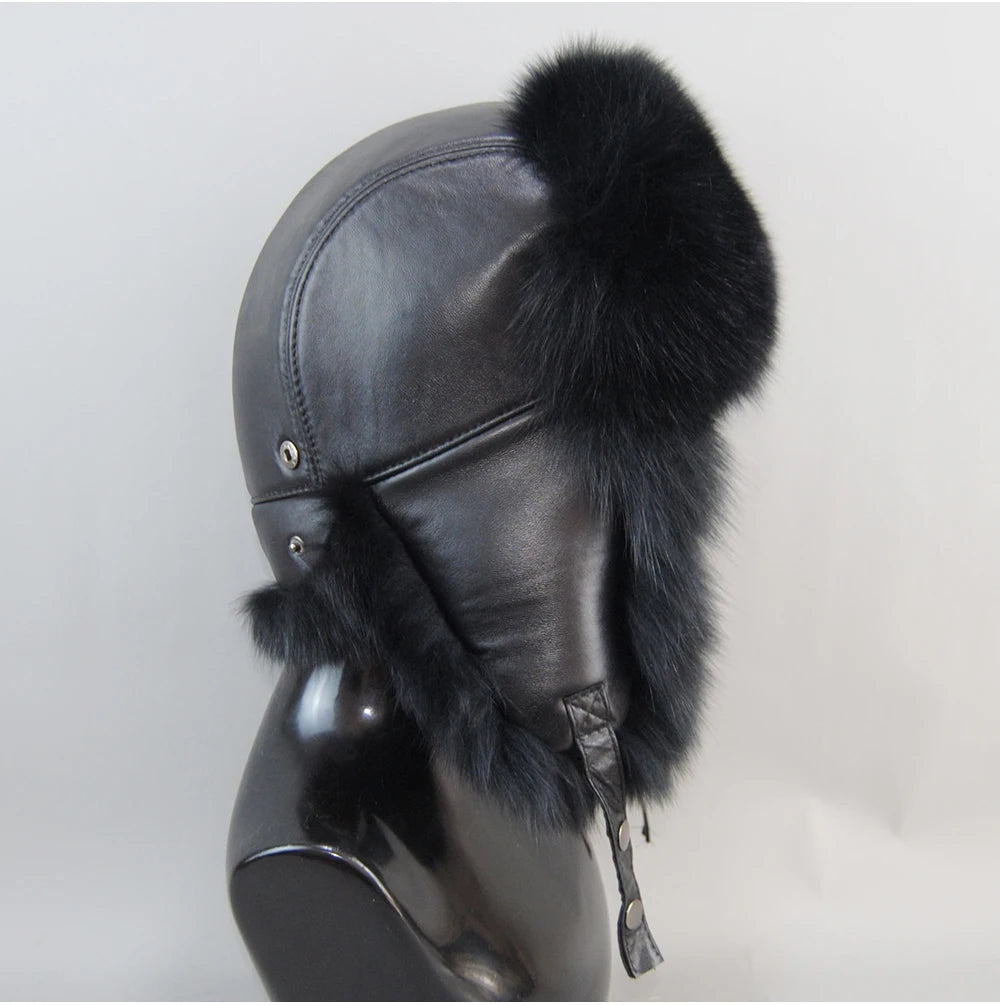 2026 Unisex Outdoor Windproof Winter Natural Real Fox Fur Bombers Hats Women Raccoon Fur Cap Luxury Real Sheepskin Leather Hat