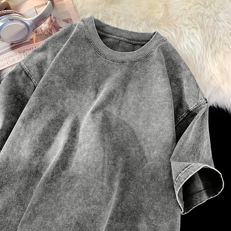 Vintage Snowflake Point Solid Color T-Shirts For Men Women 100% Cotton Short Sleeve Wash With Old Water Street Hip Hop Tee Shirt