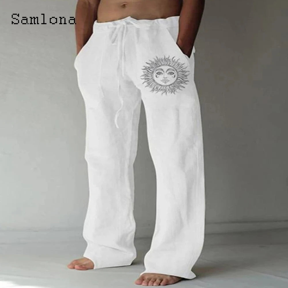 Samlona 2025 Men's Pocket Design Linen Pants Drawstring Loose Trouser Plus Size 3xl Mens Fashion Birds Feather Print Sweatpants