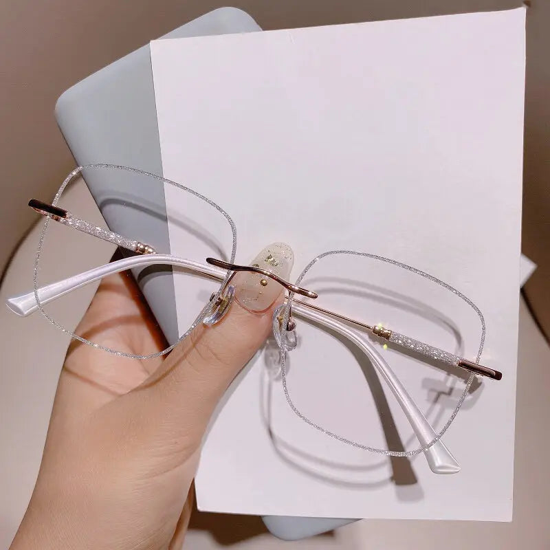 Anti Blue Light Myopia Glasses Women Eyeglasses Computer Glasses with Diopters 0 To -4.0 Shiny Rimless Frame Glasses
