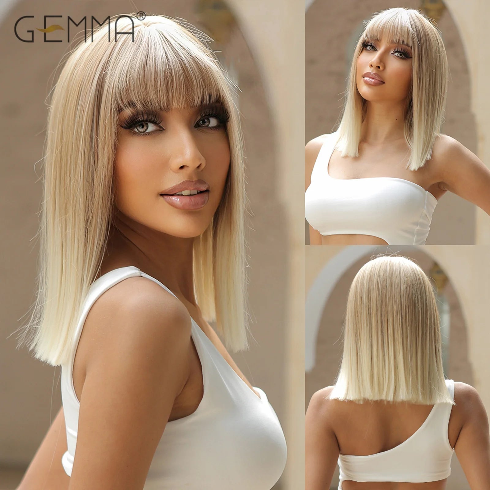 GEMMA Dark Brown Bob Synthetic Natural Hair Wig with Fluffy Bangs for Women Short Straight Wigs Heat Resistant Daily Cosplay Wig
