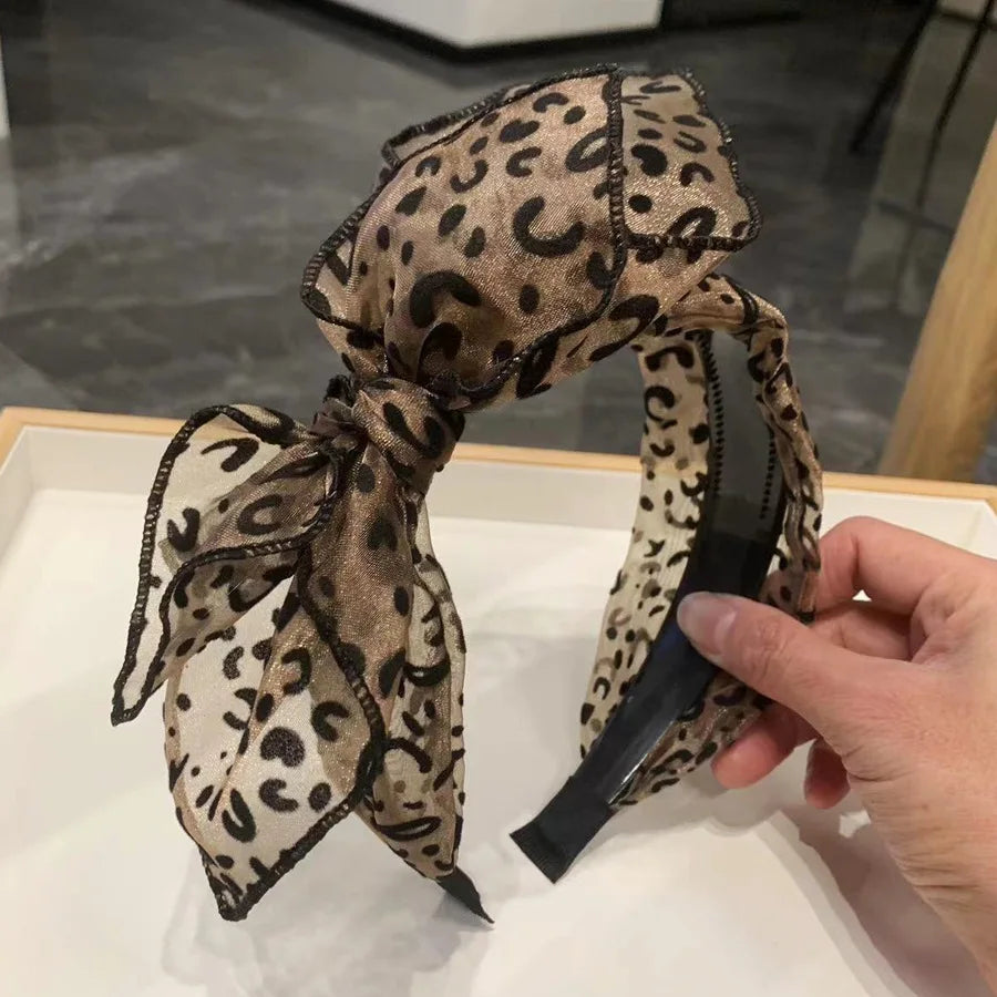 Vintage Leopard Print Hairband for Women Handmade Bow Hair Hoop Mesh Hair Bow Headbands Female Hair Accessories