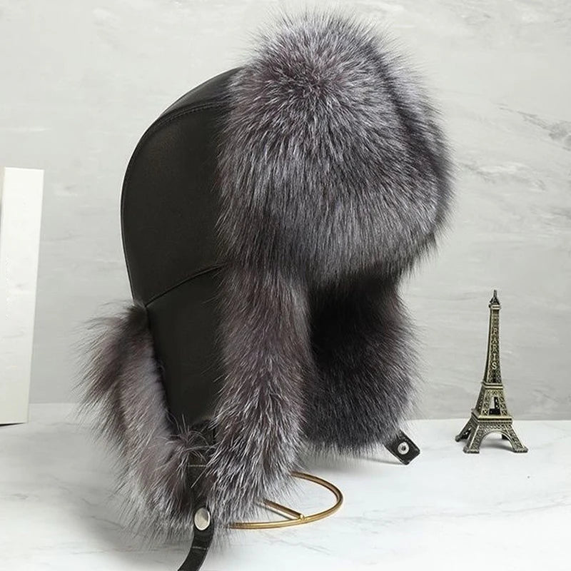 Natural Raccoon Fur Hat Women Black Fox Fur Russian Ushanka Hats Winter Warm Ears Bomber Cap